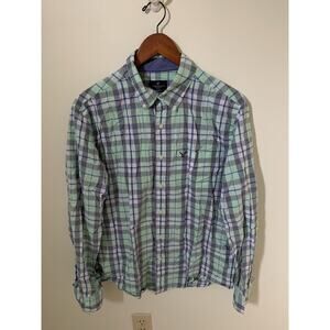 AMERICAN EAGLE Shirt Mens Large Button Down Green Plaid Classic Fit Long Sleeve